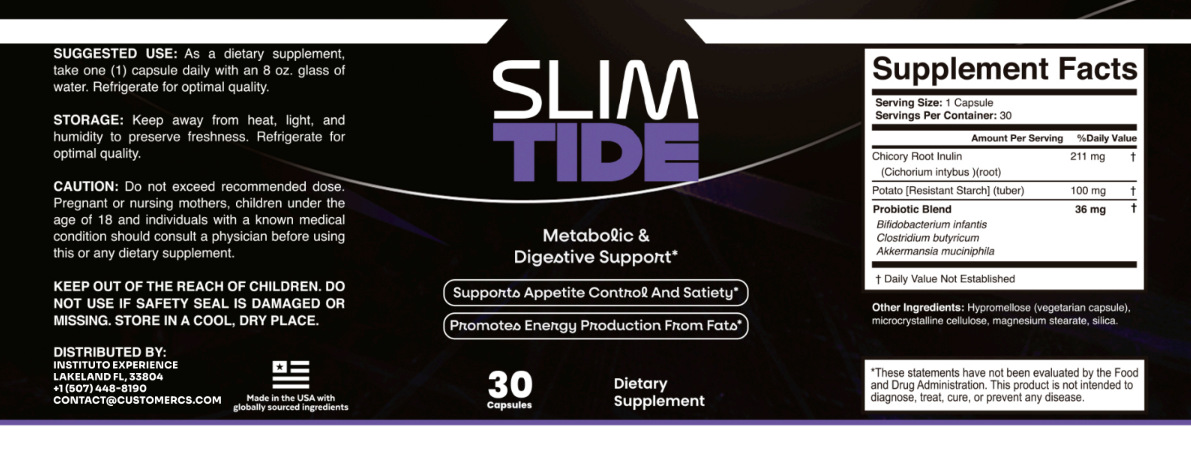 SlimTide supplement facts label – probiotic and prebiotic ingredients